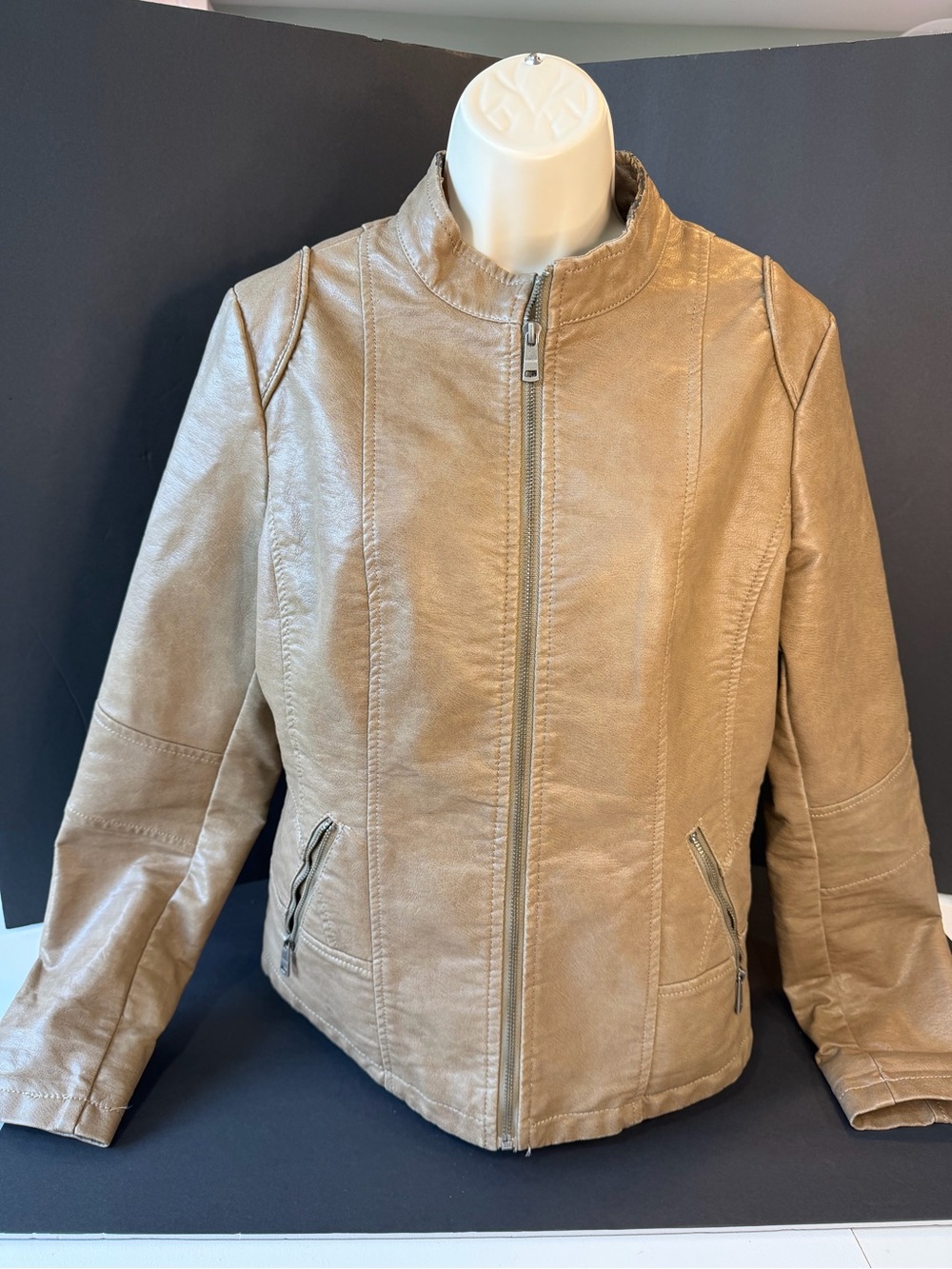 Women’s Tan Faux Leather Zip-Front Jacket with Stand Collar